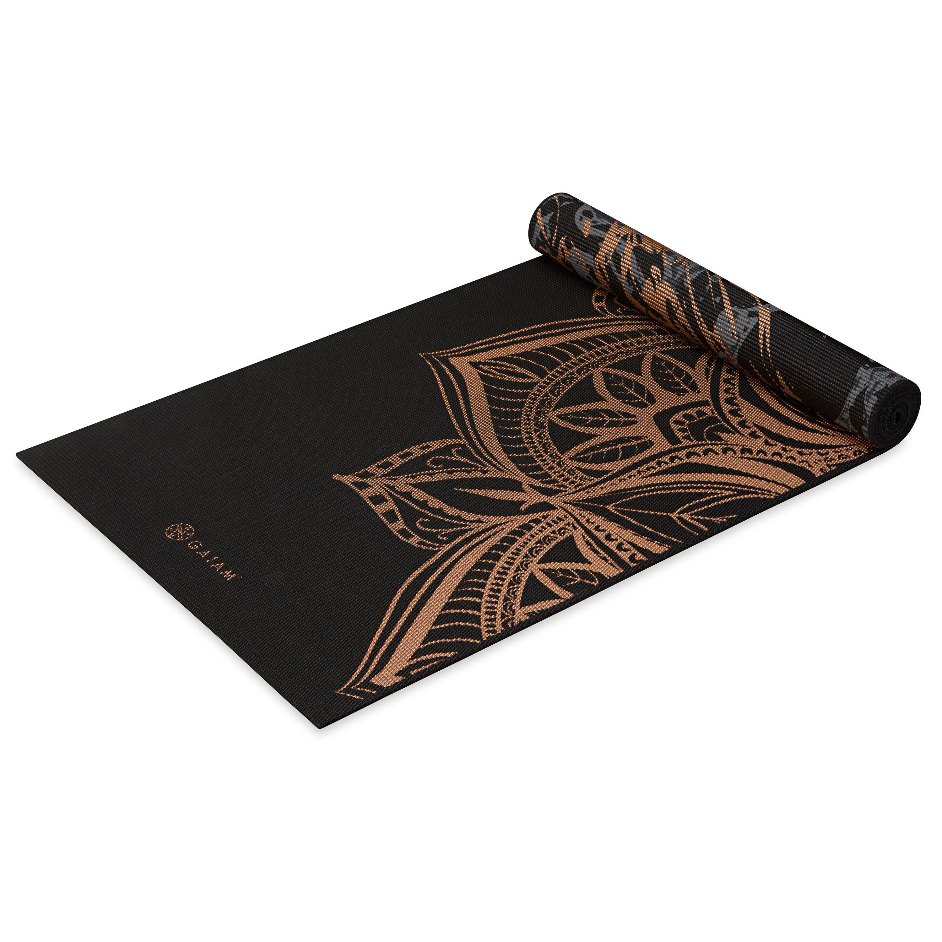 Premium Reversible Marbled Bronze Medallion Yoga Mat (6mm) half rolled